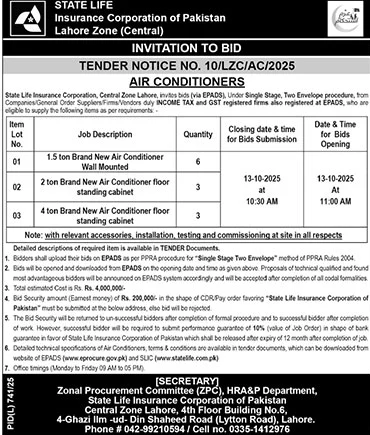 State Life Insurance Corporation of Pakistan Lahore Tender Notice